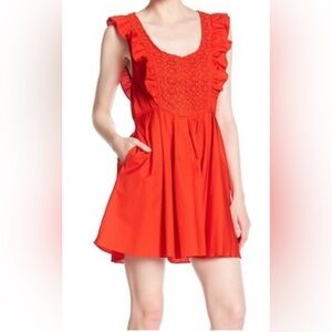 Free People‎ Half Moon Floral Ruffle Mini Dress in Bright Red - M